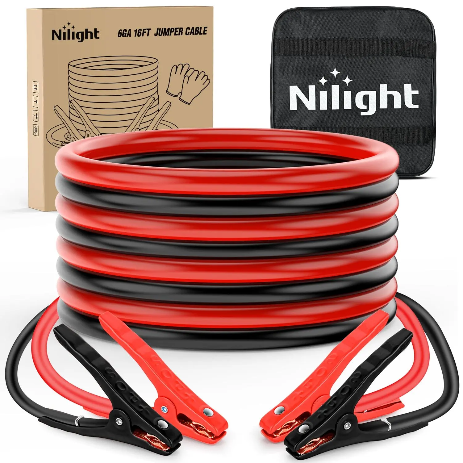 Nilight Heavy Duty 6-Gauge 16 FT Jumper Cable with 450A Capacity, PVC Coated Clamps, Gloves, Storage Bag for Sedan, Motorcycle Car Battery Repair - Automotive Tool for Efficient Power Transfer & High Current Needs