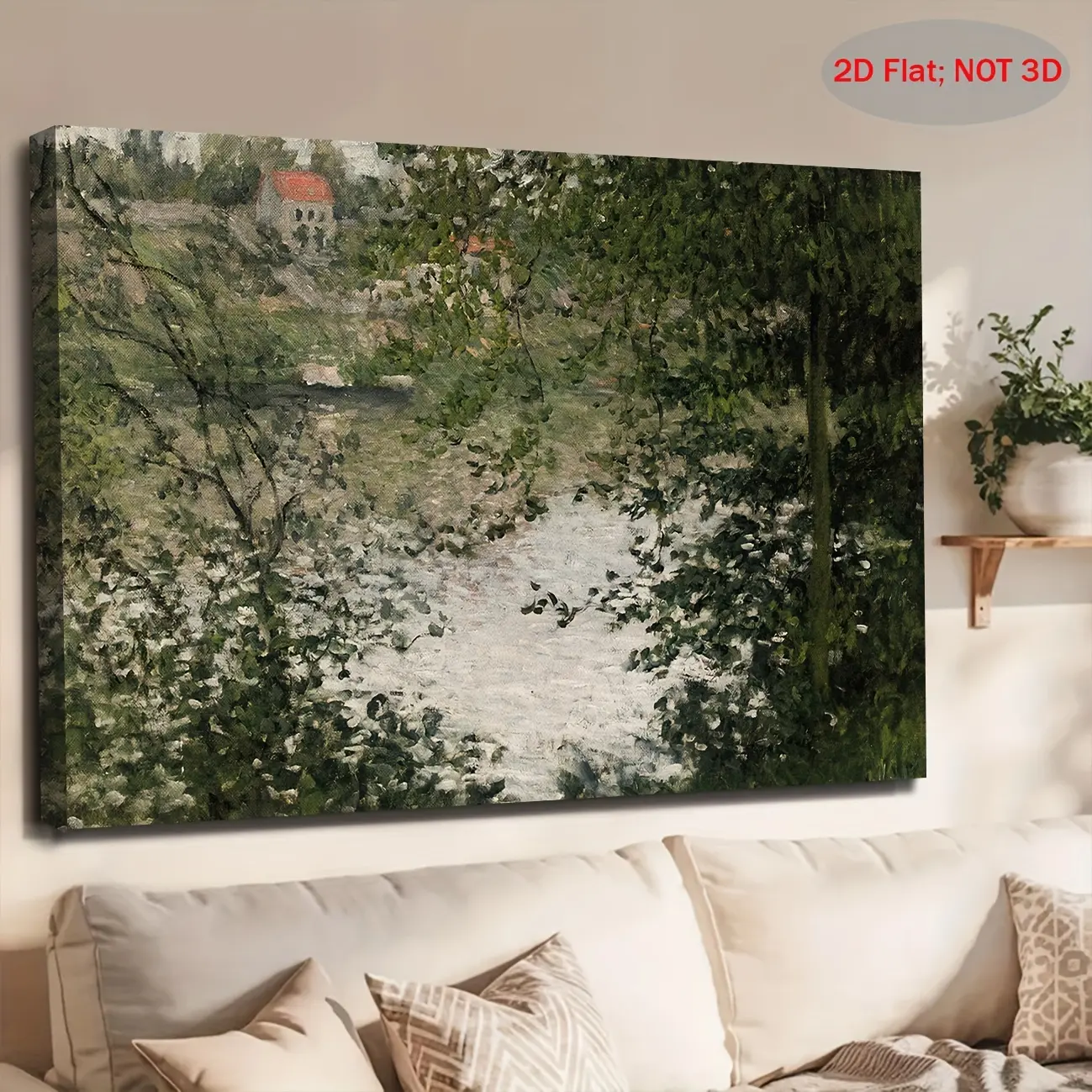 1-Piece Large-Scale Framed 2D Canvas Painting - Claude Monet's "Through the Woods" Impressionist Landscape Wall Art Print, Artistic Minimalist Green & Blue Tones Decor, Suitable for Living Room, Bedroom