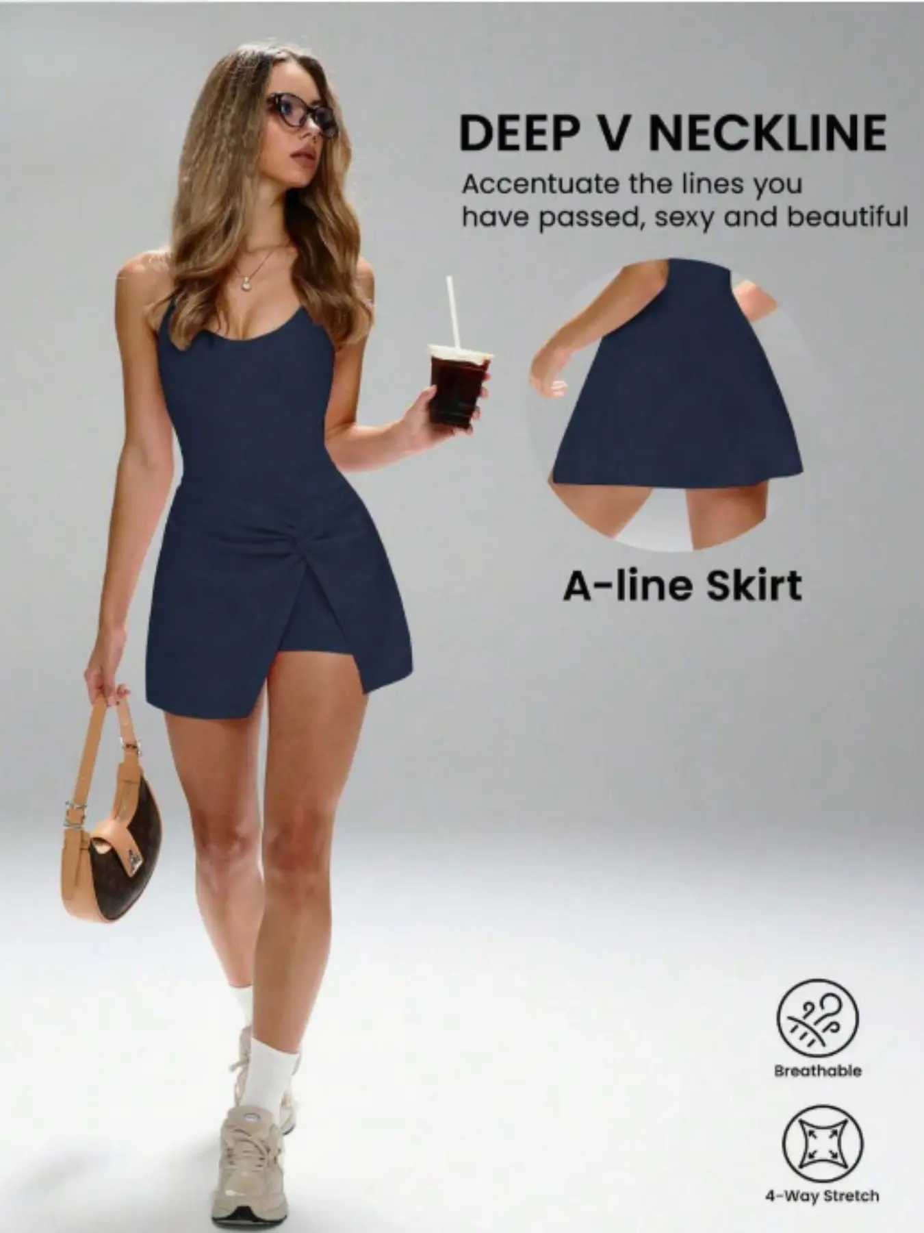 Women's Tennis Dress, Thin Straps Cross Back Deep V Neck Knot Split A-Line Sports Dress, Golf Fitness Athletic Dress, Sporty Tennis Dress