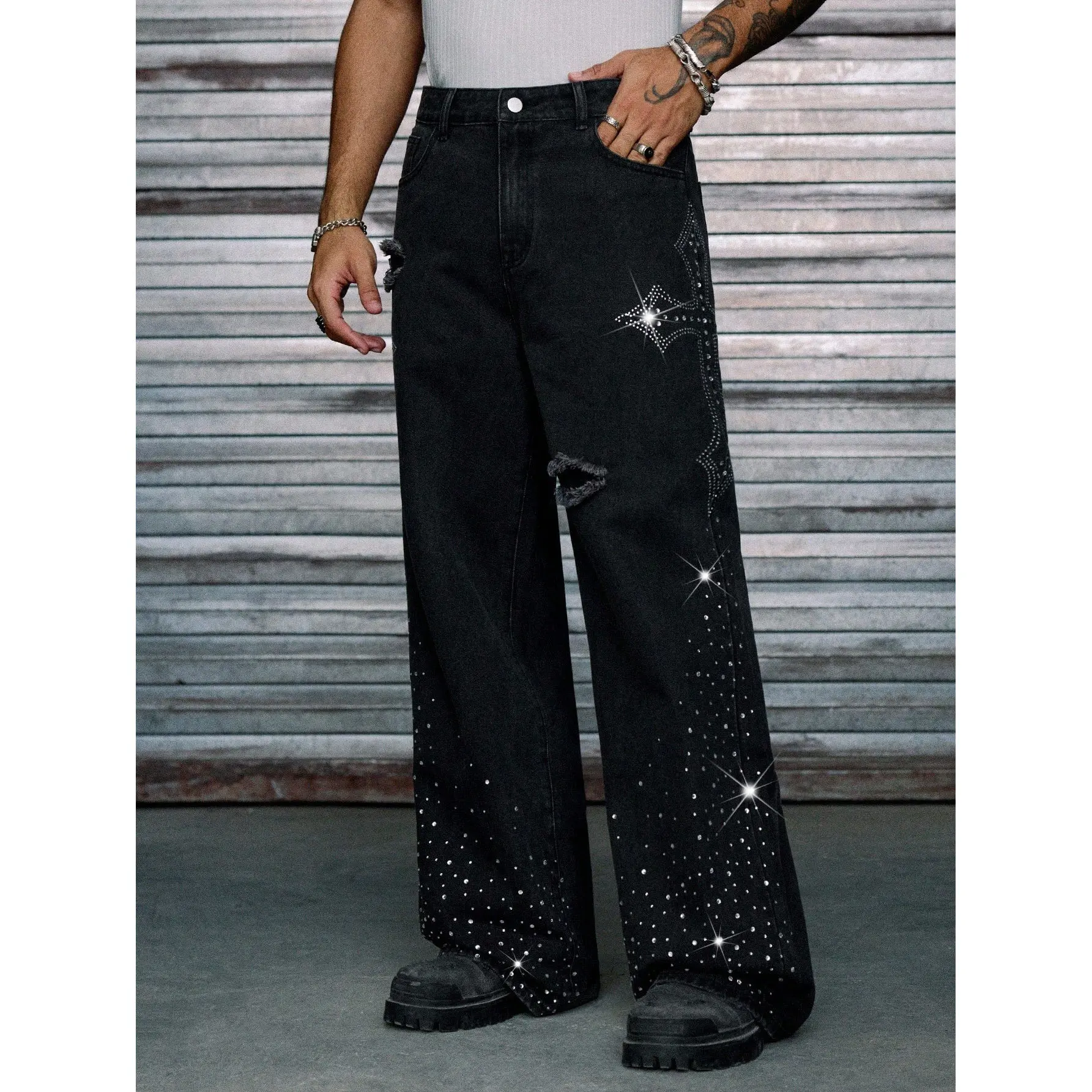 Men's Cotton Aesthetic Oversized Baggy Wide Leg Jeans - Knee Ripped, Distressed, Gradient Chunky Shiny Glitter Bling Hot Drill, Cross Crystal Rhinestone, Flared Gothic Punk Streetwear Graphics Pants for TikTok Shots, Night Events, Thick, Denim, Fabric