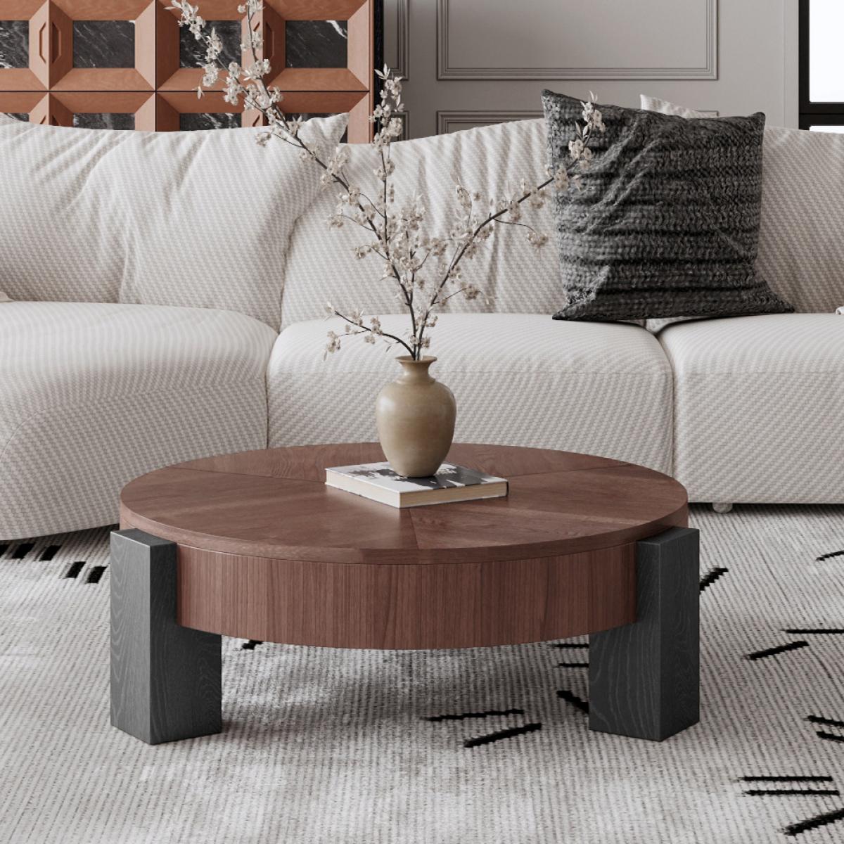 33'' Round Coffee Table with Hidden Storage, Modern Wabi-Sabi Wood Parquet Veneer Top Table, 3 Block Legs Sturdy Center Accent Table for Living Room, Small Space