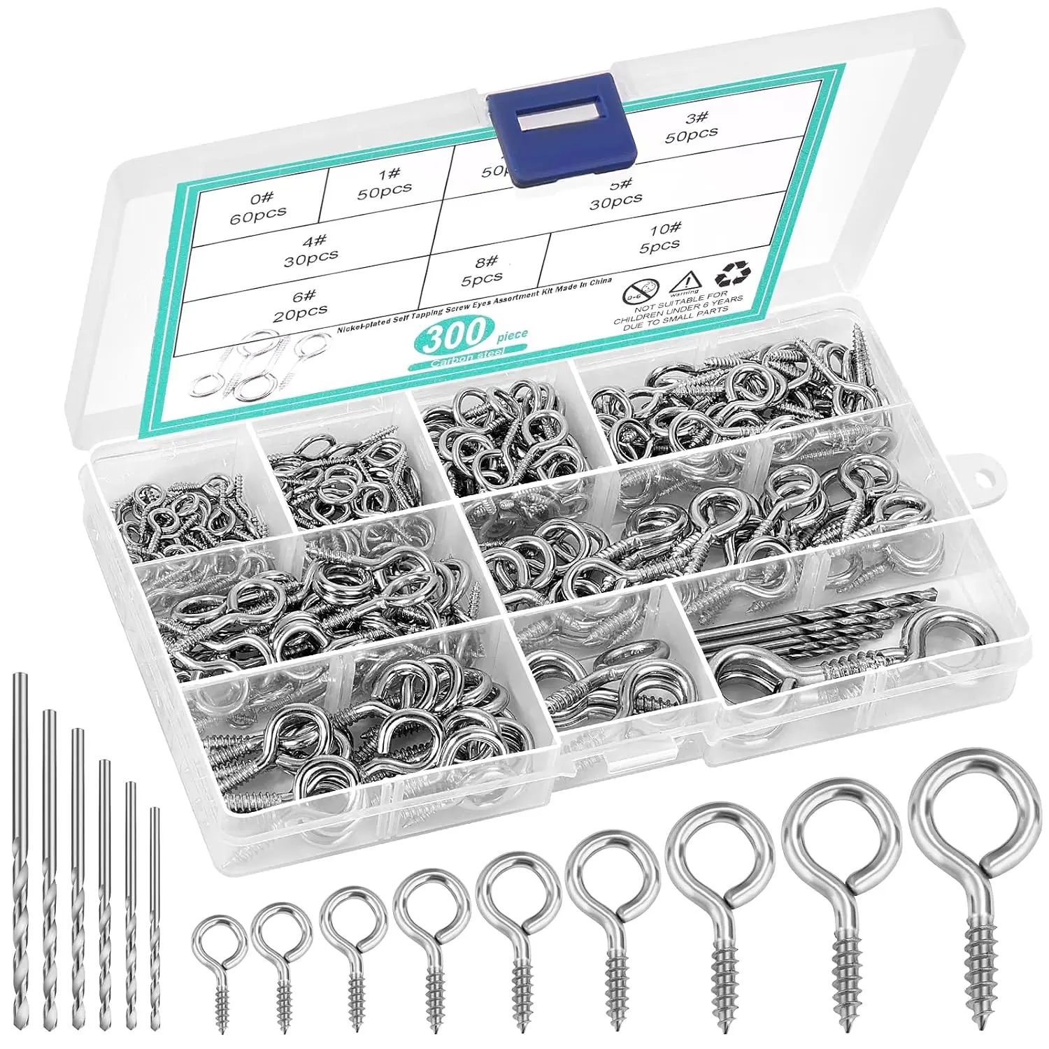 306 count Eye Hooks Screws  Kit, (0.6"-1.65") 9 Sizes Nickel Plated for  and Durability, Metal Eyelet Screws Eye Pins and Eye  Screw in  Includes 6 count Drill Bit