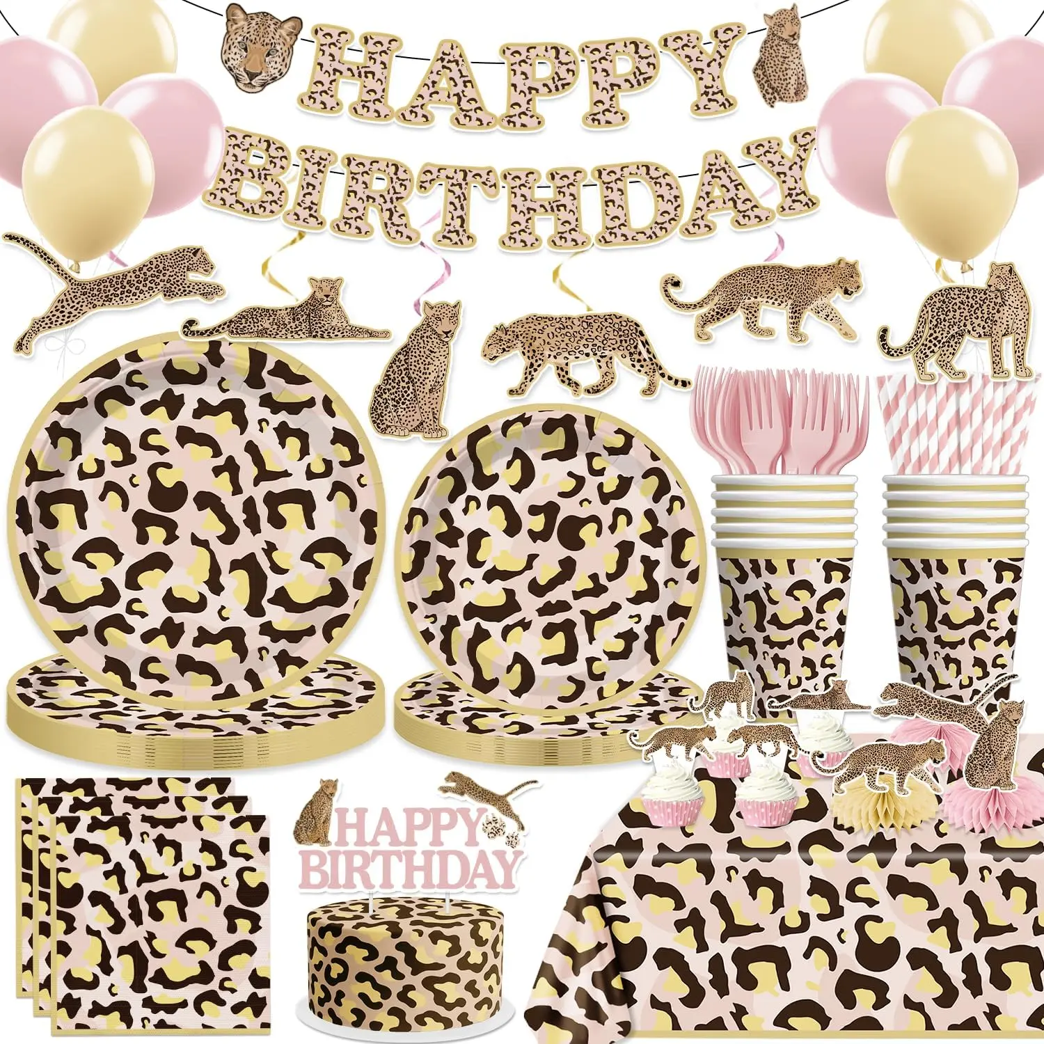 Cheetah Birthday Decorations, Leopard Party Animal Theme Tableware Cheetah Print Banner, Balloons, Cake Toppers, Pink and Cheetah Party Plates and Napkins Set with 2Pcs Tablecloth for Birthday