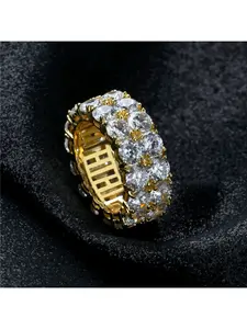 18K Gold Plated Men's Hip Hop Double Row Zircon Ring Full Diamond Punk Style Cool Jewelry Statement Ring