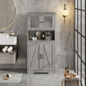 Garvee Modern Freestanding Pantry Storage Cabinet – Tall Wooden Cupboard with Glass Doors, Adjustable Shelves, Versatile Organizer for Kitchen, Bathroom, Entryway – Rustic Grey Finish
