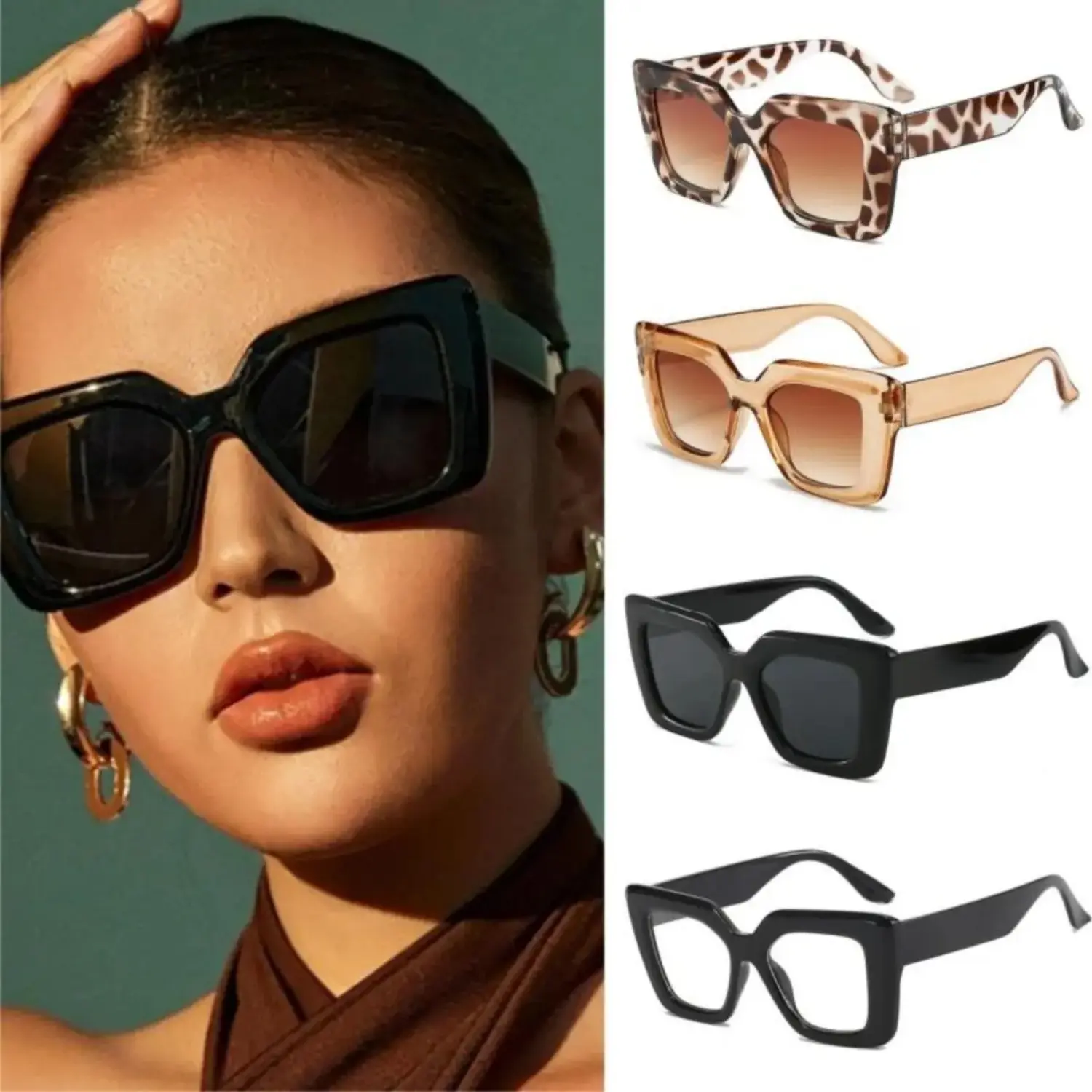 Women's 4-Pcs Oversized Square Frame Sunglasses - Semi-Rimless Wraparound Leopard Print Minimalist Fashion Eyewear, UV Blocking Streetwear Trendy Styling for Casual Outdoor Use, Euro-American Design, Streetwear Sunglasses