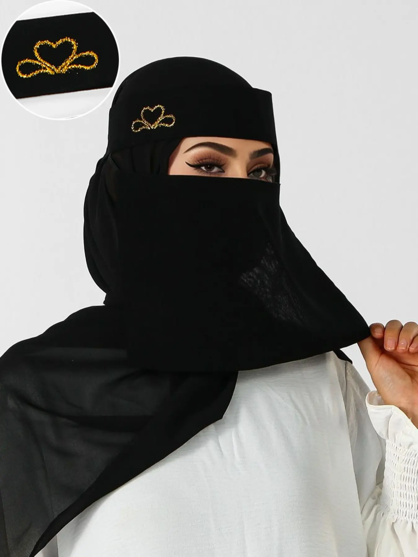 1pc Elegant Heart Pattern Niqab Veil, Unlined Single Layer, Casual All-Seasons Wear, Perfect for Abaya Matching & Gifts