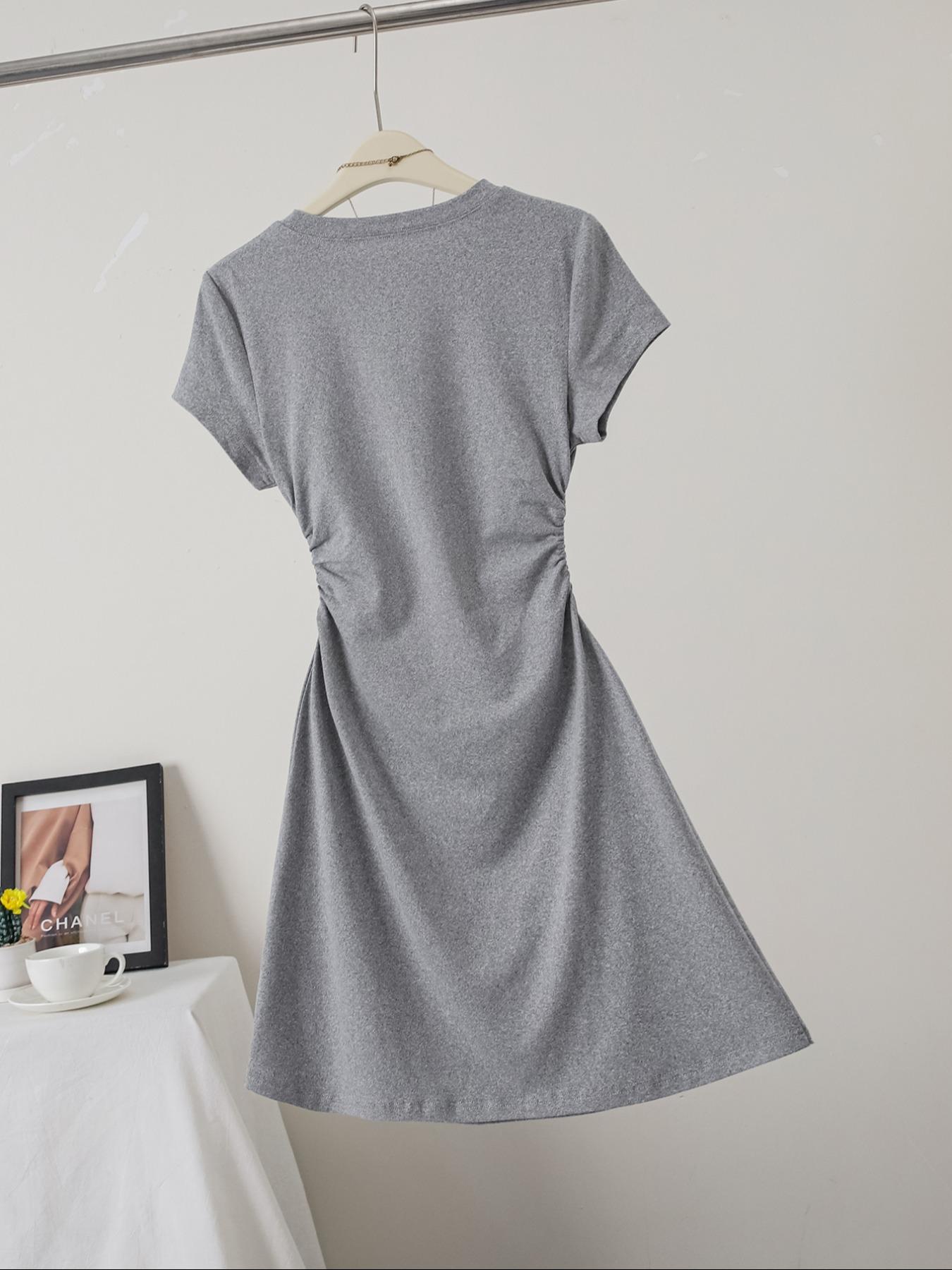 Ladies' casual fashion slim fit small bow print details simple solid color pleated Knit pullover women's round neck short sleeved dress