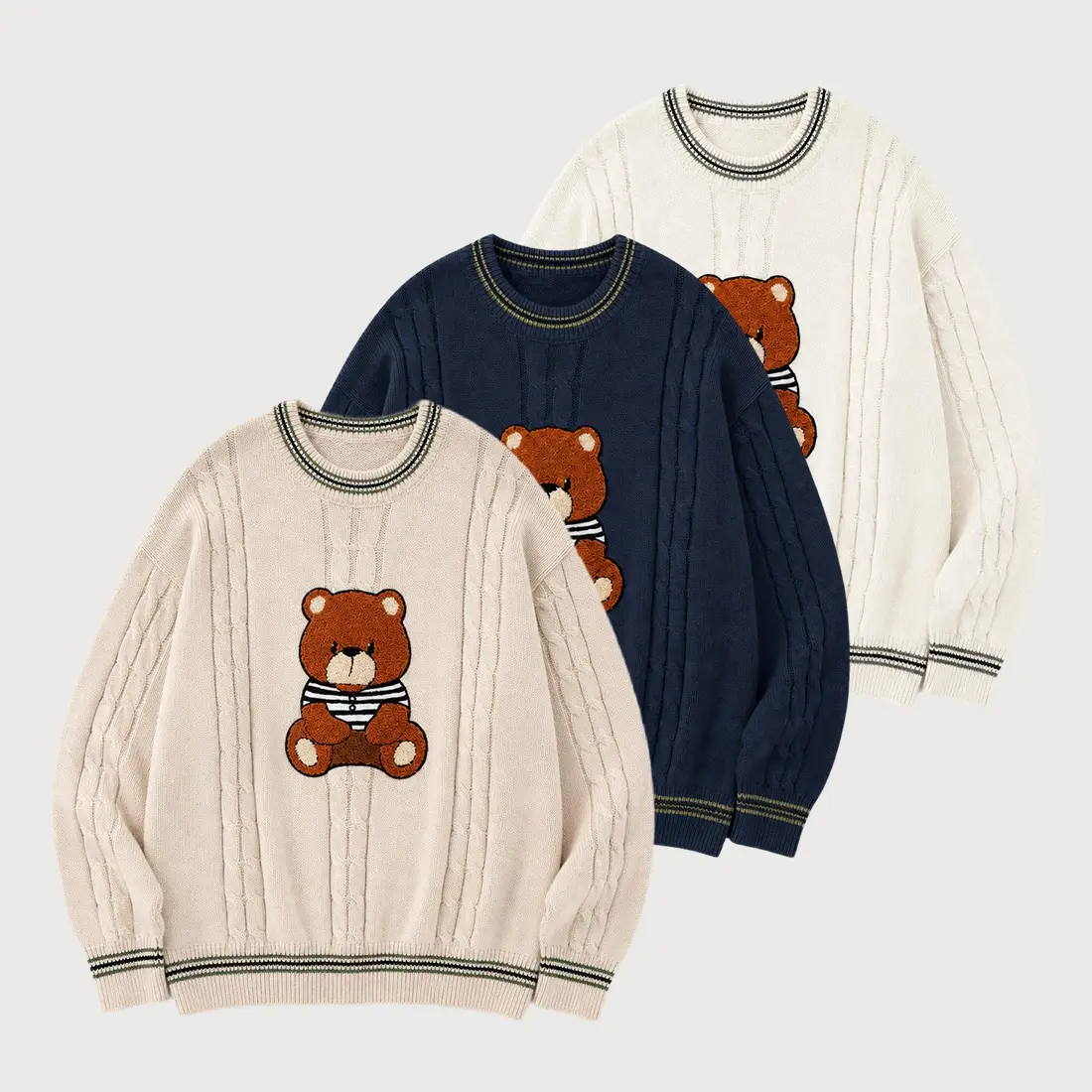 Men's Bear Graphic Oversize Knit Polyester Cable Crew Neck Pullover - Warm Long Sleeve, Oversized Loose-Fit, Medium Length, Machine Washable, Foldable, Hangable Fall Winter Casual Streetwear Tops