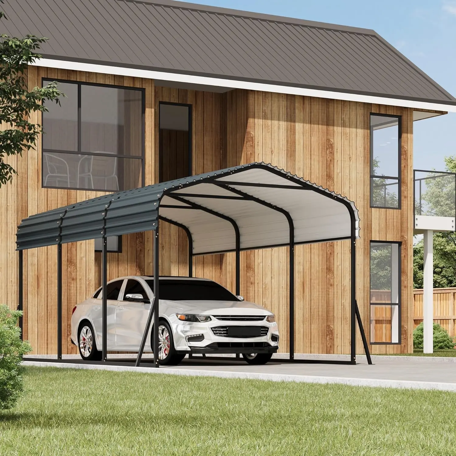 Metal Carport, Carport with Reinforced Base and Galvanized Steel Roof, Heavy Duty Garage Car Shelter Shade, Outdoor Car Port Canopy for SUV, Truck, Boats, 10x15 FT