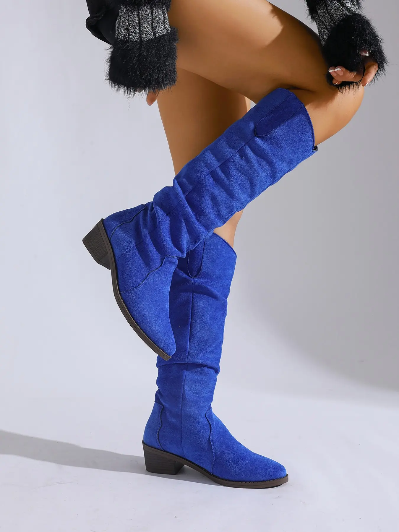 American Vintage Pleated Knee-High Boots, Round Heel Western Women's Boots, Fall Winter Fashion, Unique Style, Cowboy Boots