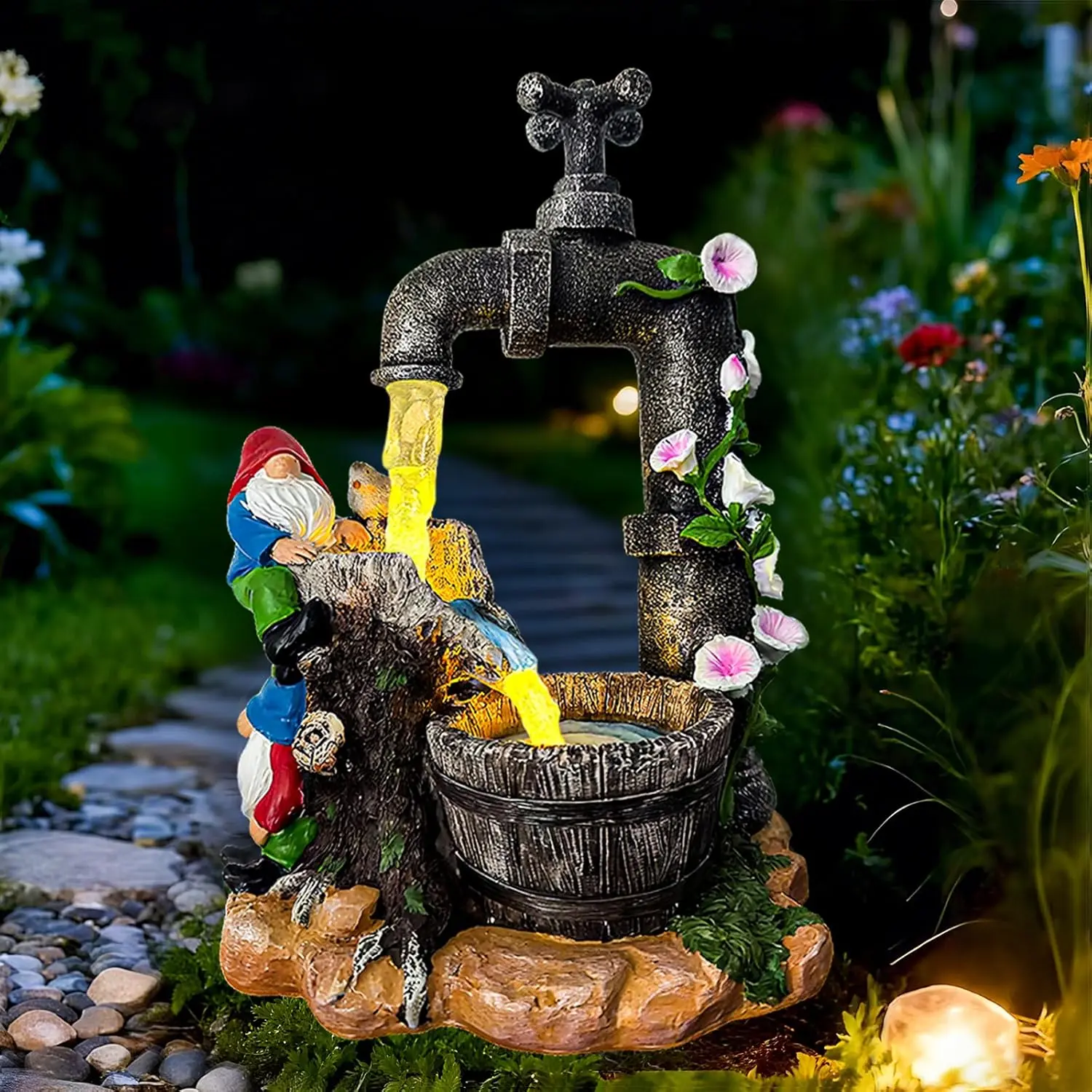 Solar Garden Gnome Statue - 10" Resin Fountain Gnome Outdoor Decor for Lawn Patio Backyard, Christmas Art Decoration, Unique Housewarming Gift for Women Mom Grandma