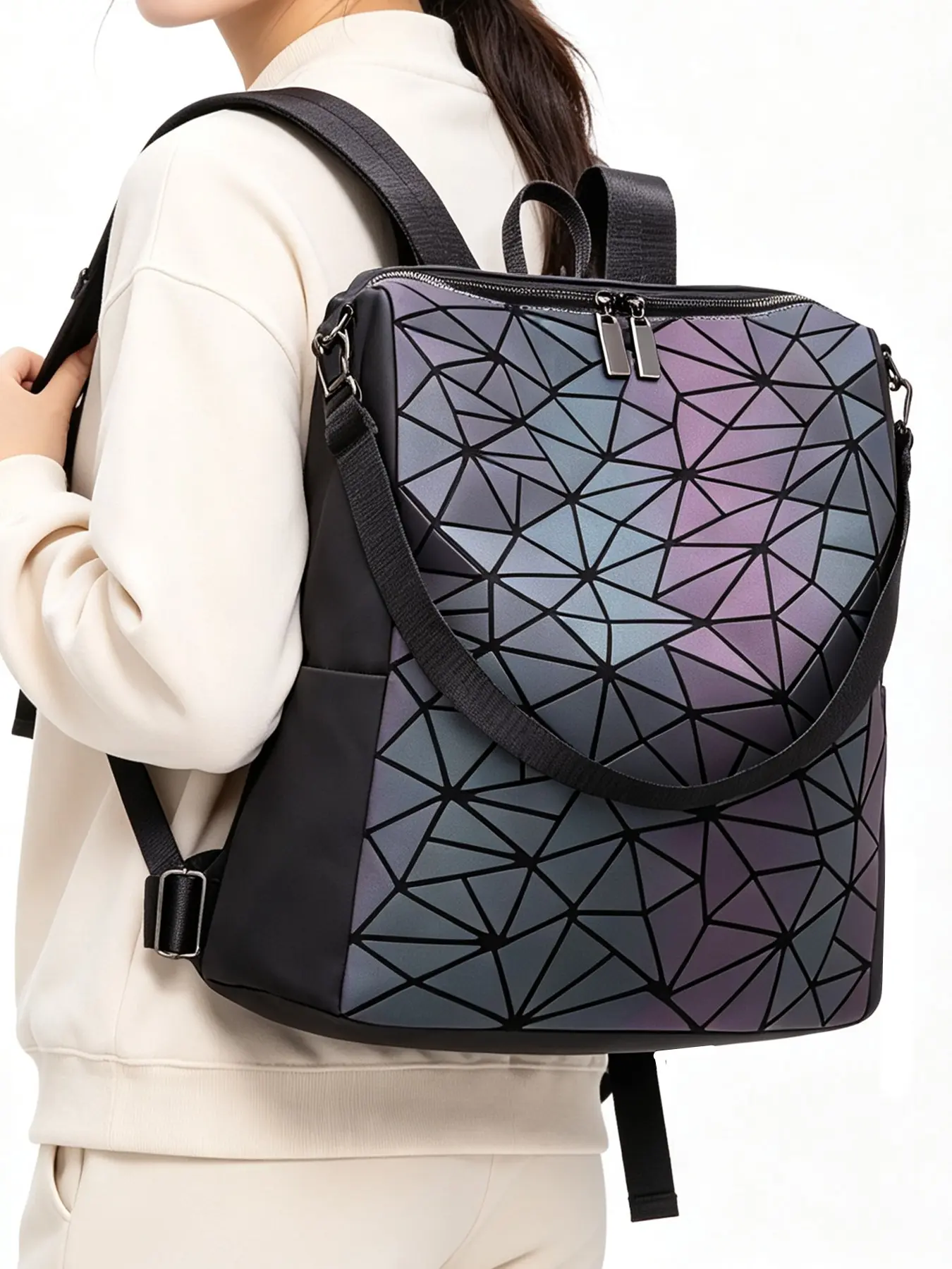 Fashion Luminous Backpack, Holographic Geometric Girl School Bag, Mochila Feminina Travel Bag, Stylish Women's Backpack, Casual Travel Backpack