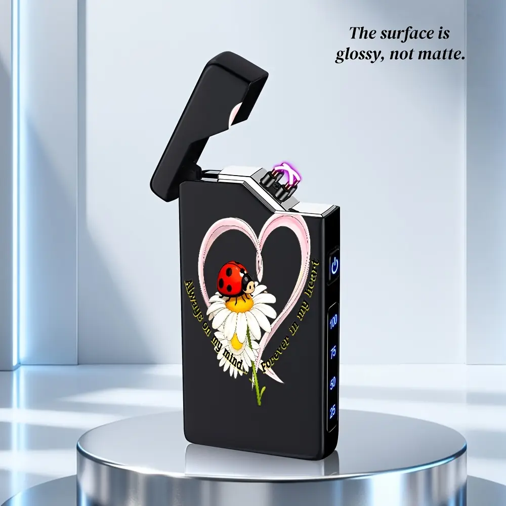 1pc Heart Daisy Ladybug Pattern Print Metal Electronic Lighter, Pulse Dual Arc Lighter with Power Display, USB-C Rechargeable, Usable at High Altitudes. Suitable for Outdoor Survival Adventures / Travel / Candles / Parties. The Perfect Gift