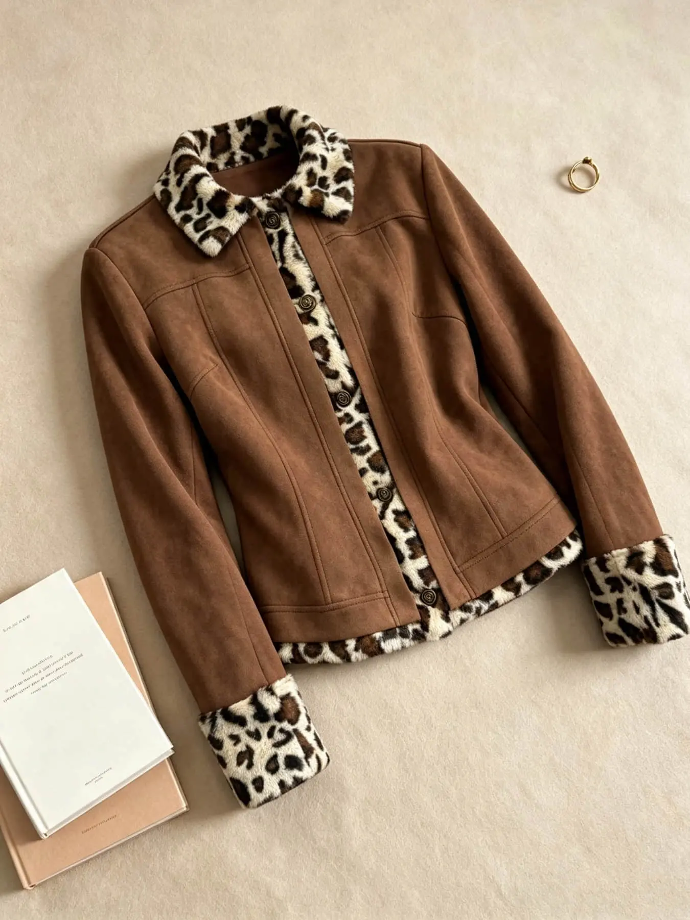 Women's Fashion Retro Melange Leopard Print Collar Patchwork Coat, Warm Outerwear, Autumn & Winter New Style, Perfect for Cafe Snapshots, Road Trips, Friends' Gatherings, Shopping Excursions, and Autumn Outings
