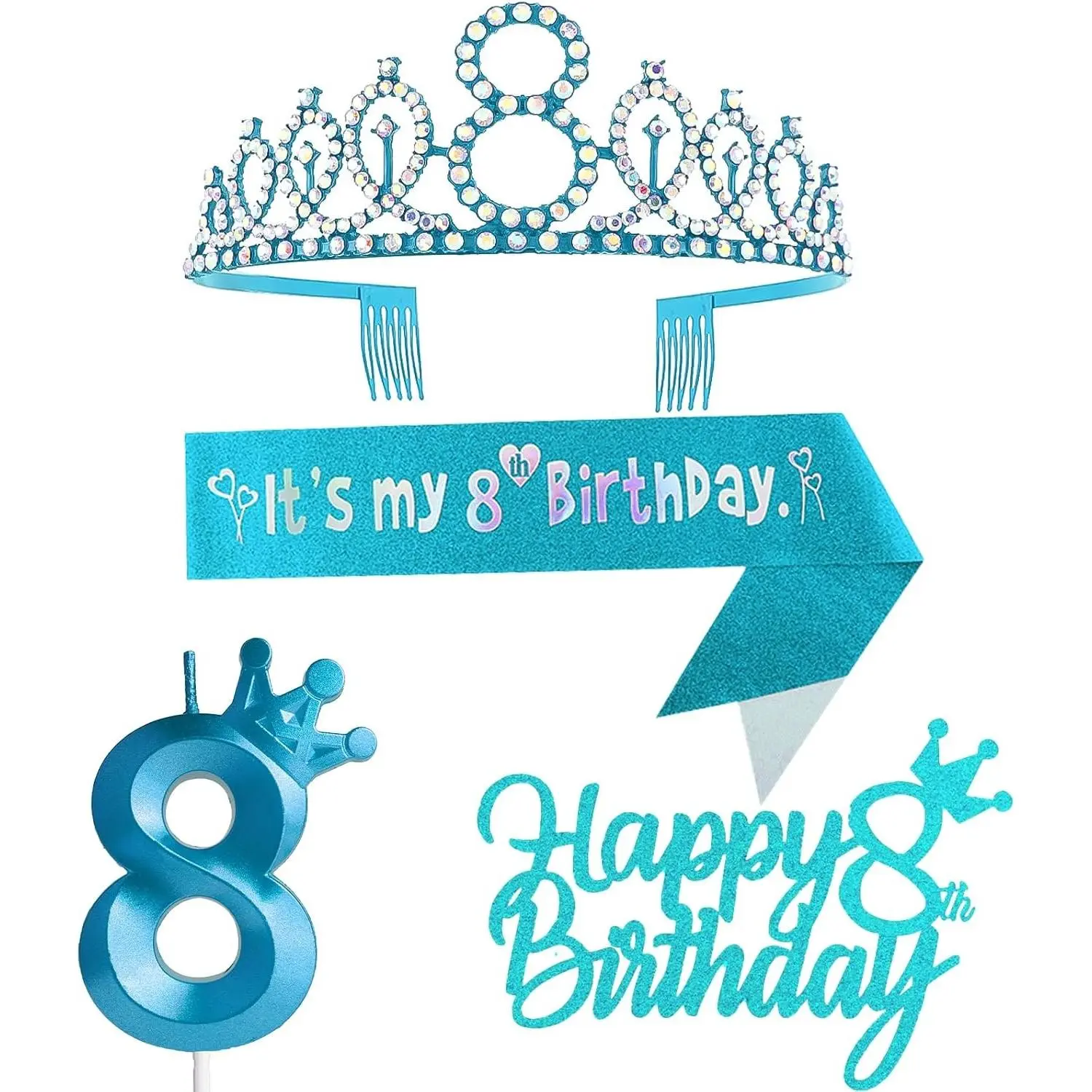 8th Birthday Decorations for Girl Including Crown Tiara Sash Cake Toppers & Number 8 Candles
