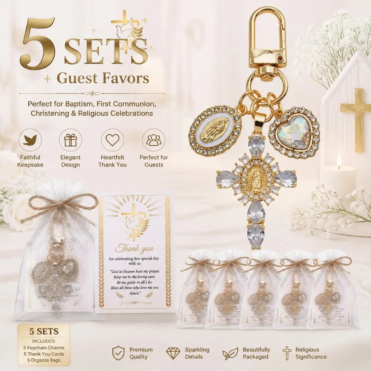 15pcs/5sets Baby Shower Party Favors, Christian Rhinestone Cross & Madonna Pendant Keychain, Silk Bag & Blessing Card, Baptism Gift Set, Suitable for Baby Baptism, Confirmation, First Communion, Confirmation, and Church Celebration Memorial Gifts