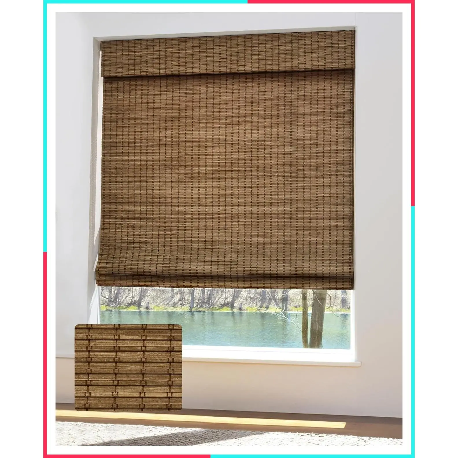 Cordless Bamboo Roman Shades with Valance, 30.5" W x 48" H, Teak