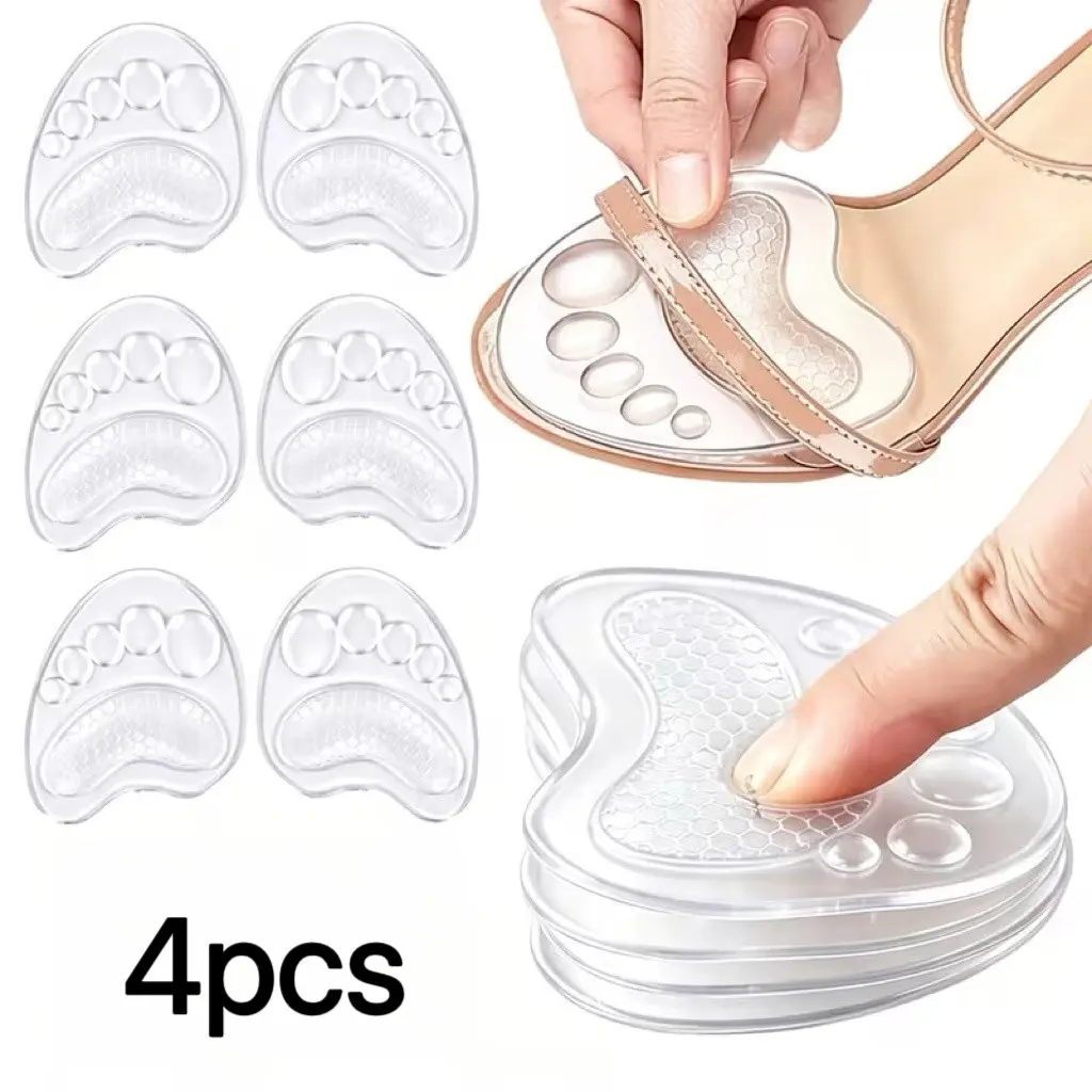 4 pcs transparent silicone forefoot pads, soft insoles for women, anti-slip metatarsal cushions