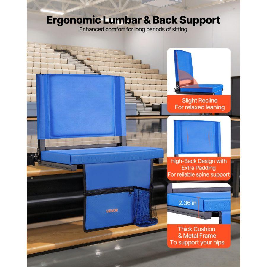 VEVOR Stadium Seat, Folding Bleacher Seat with Back Support and Thick Cushion, Padded Stadium Seats for Bleacher Includes Shoulder Strap, Hooks, Cup Holder, and Side Pocket, Black Bleachers Chair