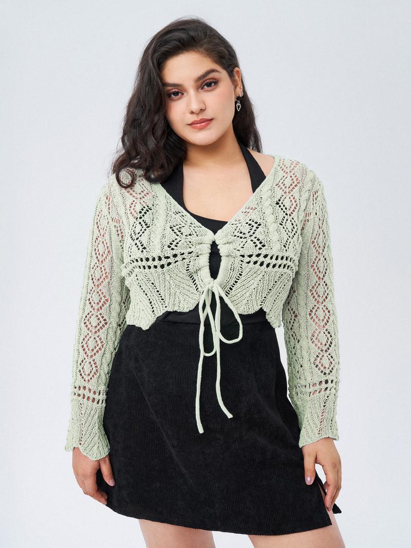 Cider [4 colors, size 2-26] Solid Crochet Tie Front Deep V Neck Crop Top Curve & Plus