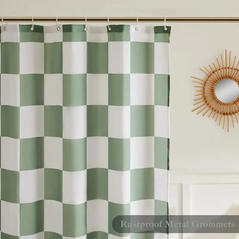 Modern Green Plaid Print Shower Curtain, Waterproof Polyester Fabric for Bathrooms, Includes 12 Hooks - 180x180cm, Shower Curtains