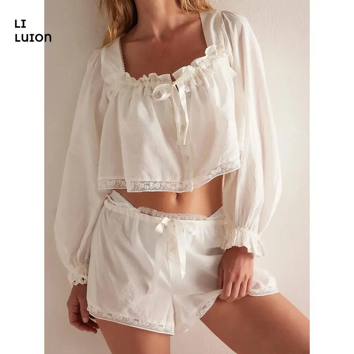 95% Cotton Women Ruffle 2 Piece Pajama Set Long Puff Sleeve Babydoll Shirt Lace Trim Top with Soft Shorts Pj Outfit
