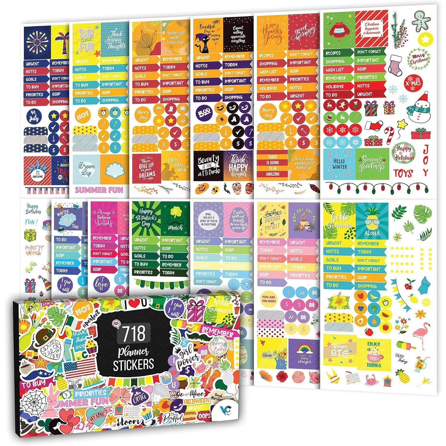 Matte Aesthetic Planner Sticker Pack – 718 Stickers, 13 Sheets of Seasonal, Holiday, Functional & Productivity Designs – Easy-Peel Office Stationery for Journals & Calendars