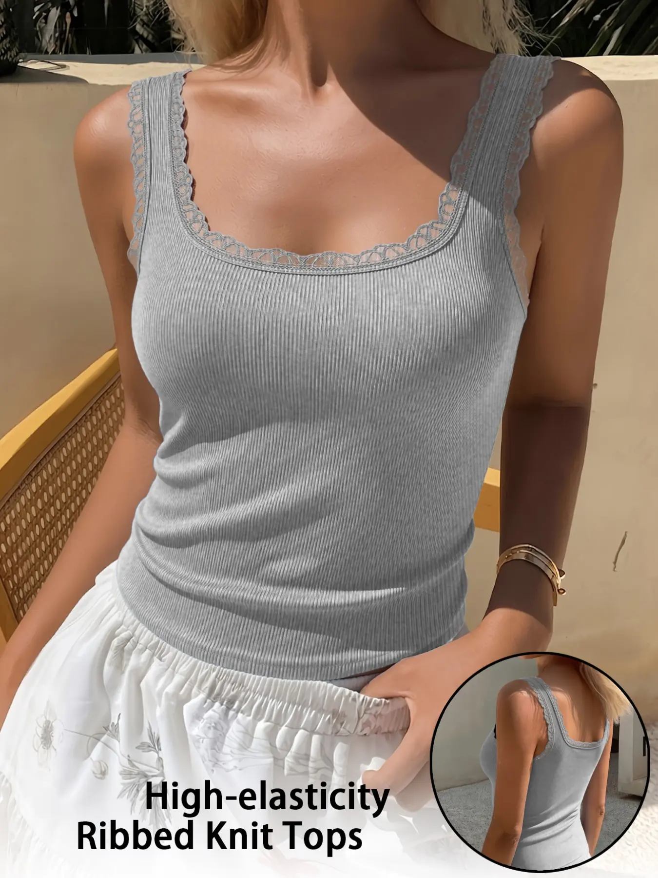 Viral TikTok Lace Neck Ribbed Tank - No Padding Slim Fit Everyday Cami Top