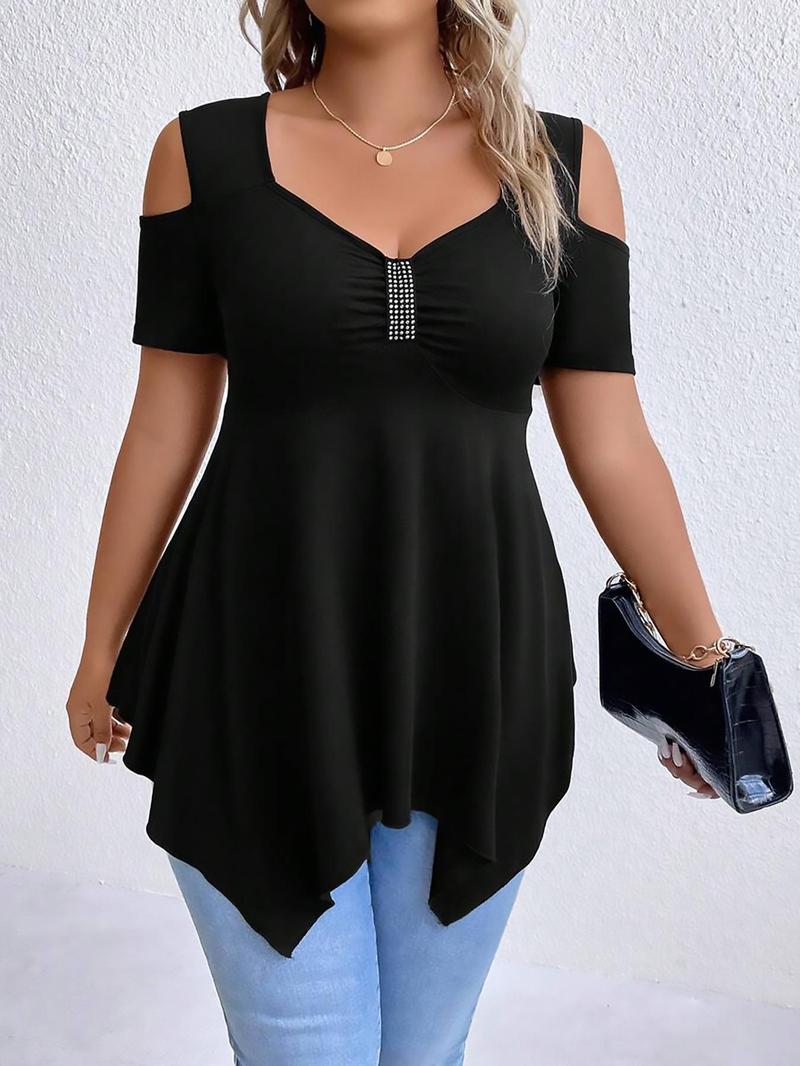 【Plus Size】 Cold Shoulder Tee, Casual Asymmetrical Hem Short Sleeve T-shirt for Summer, Women's Plus Clothing for Daily Wear