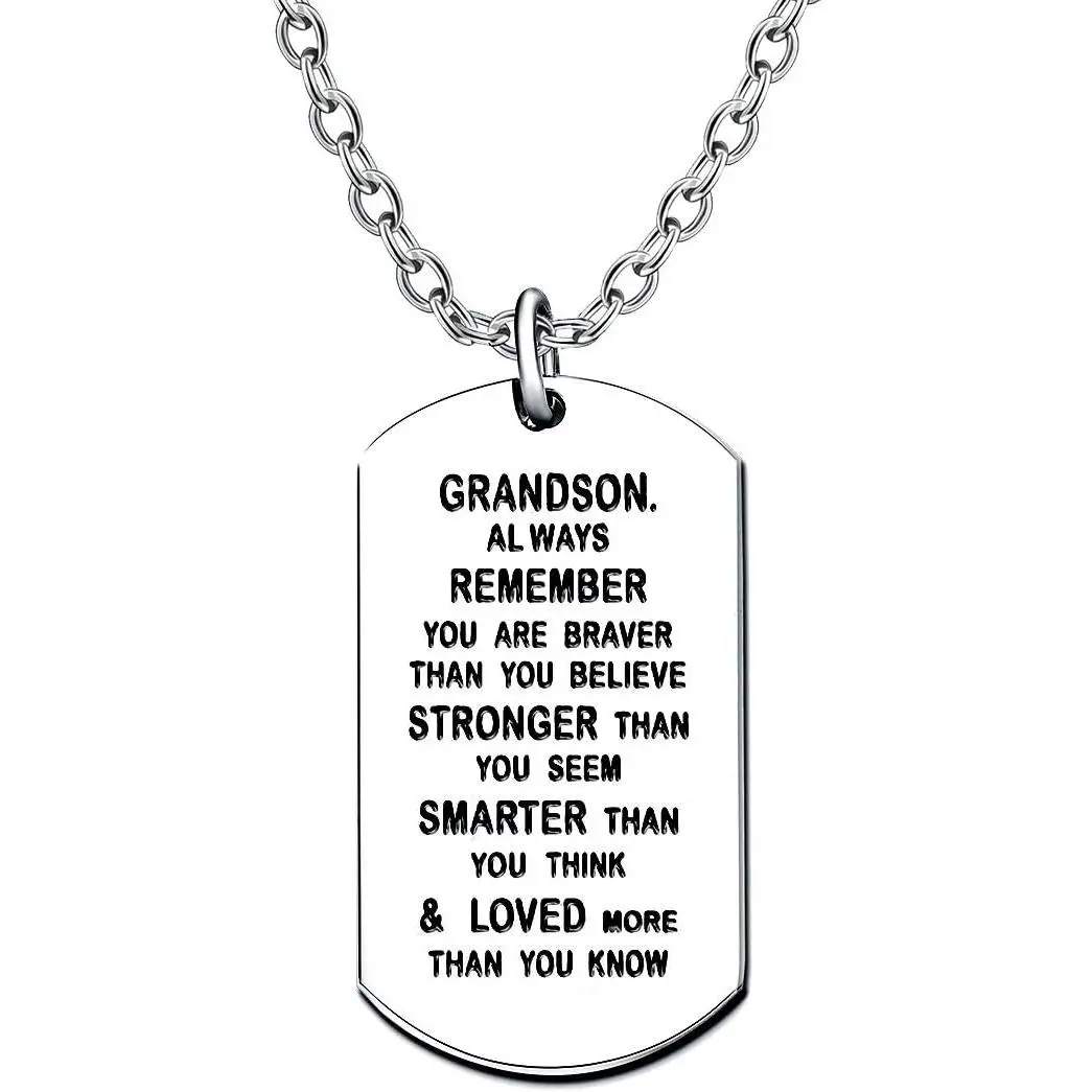 Tag Necklace for Men Grandson Gifts from Grandpa Grandma Inspirational You are Braver Stronger Smarter than You think
