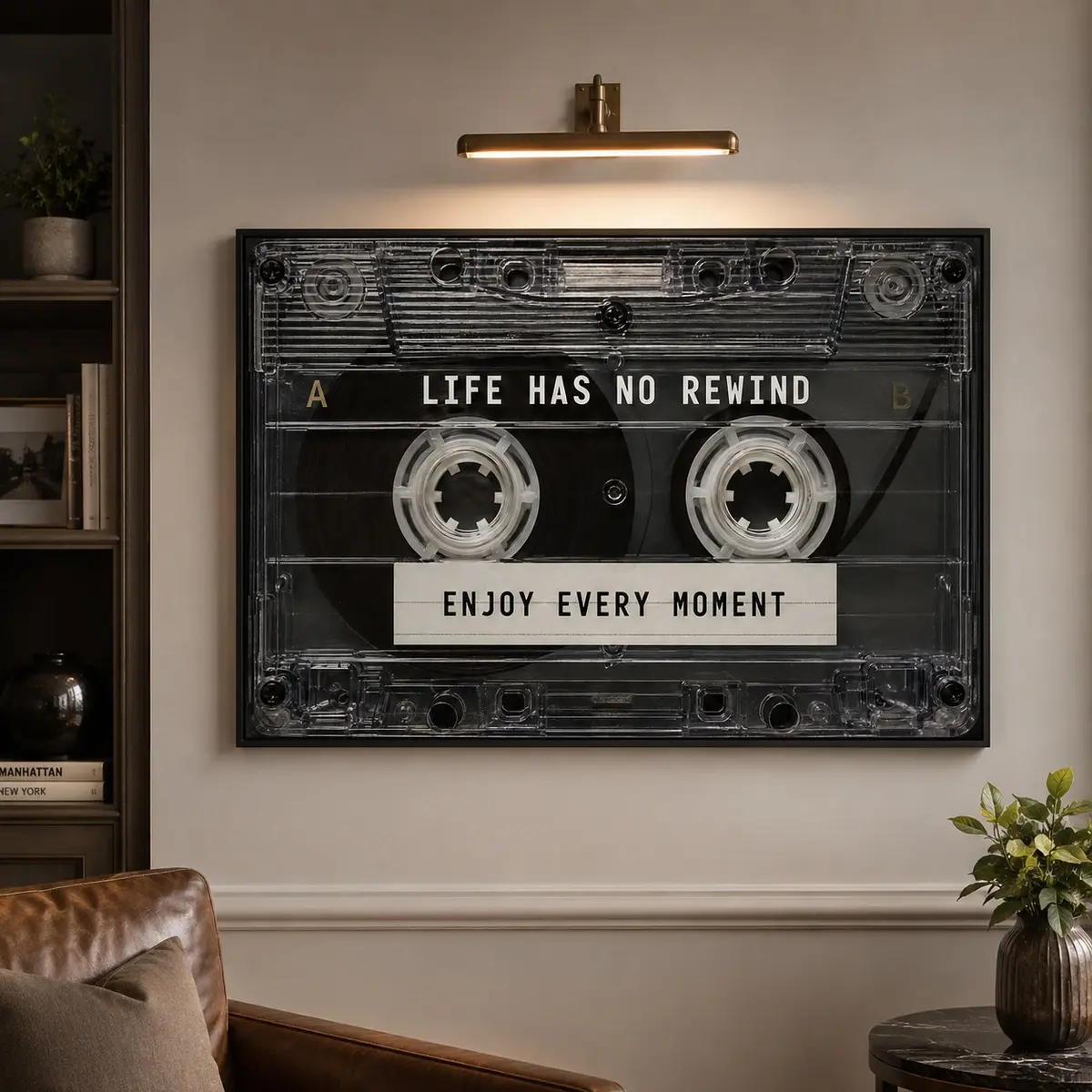 Bedroom Wall Art, Inspirational Wall Art, Retro Cassette Tape Canvas Print, Life Has No Rewind, Enjoy Every Moment Positive Quote Wall Decor, Motivational Music Poster, Canvas Wall Art, Dorm Room Poster, Feminine Decor, Home Living Room Bedroom Decor
