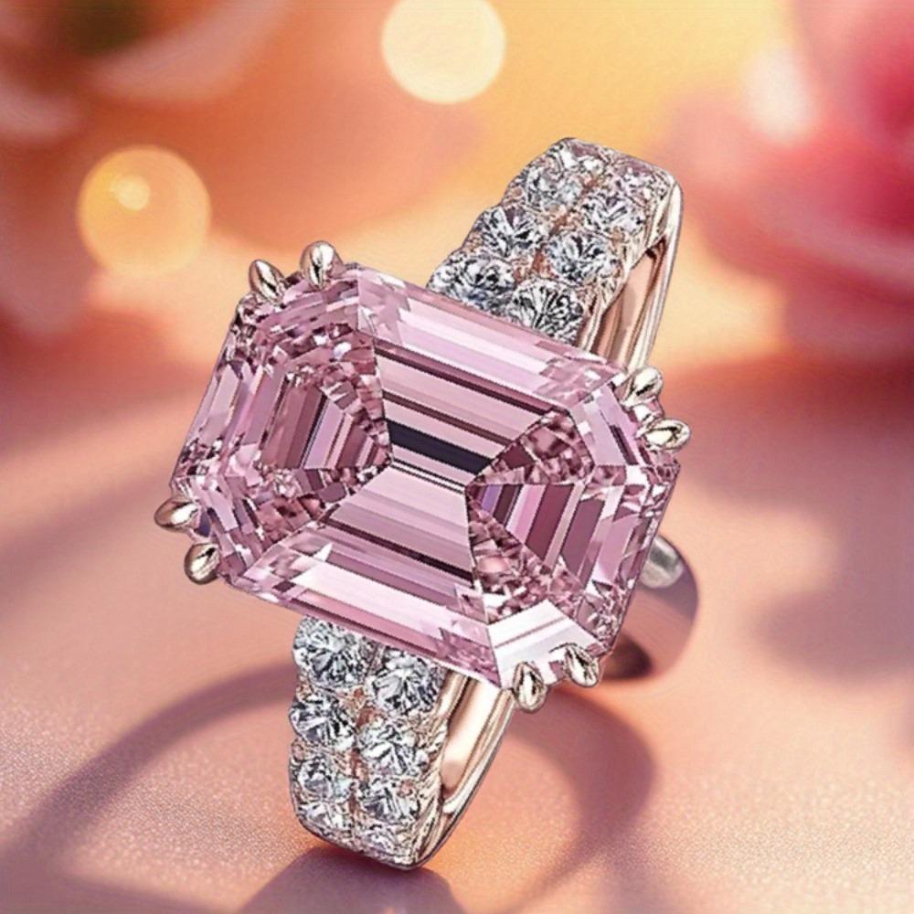 Shiny Pink Square Ring – Sparkling Cubic Zirconia, Silvery Plated, Ideal for Bridal Engagements, Anniversaries, Daily Wear – Cute Stylish Jewelry for Girls, Student Gifts