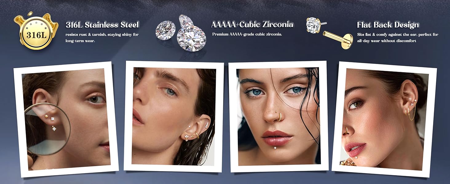 Trendy 16G/18G/20G Flat Back Earrings for Women Threadless Surgical Steel Stud Hoop Earrings Push in Nose Studs Hypoallergenic CZ Cartilage Earring Set Labret Helix Tragus Conch Piercing Jewelry Blackfriday Christmas