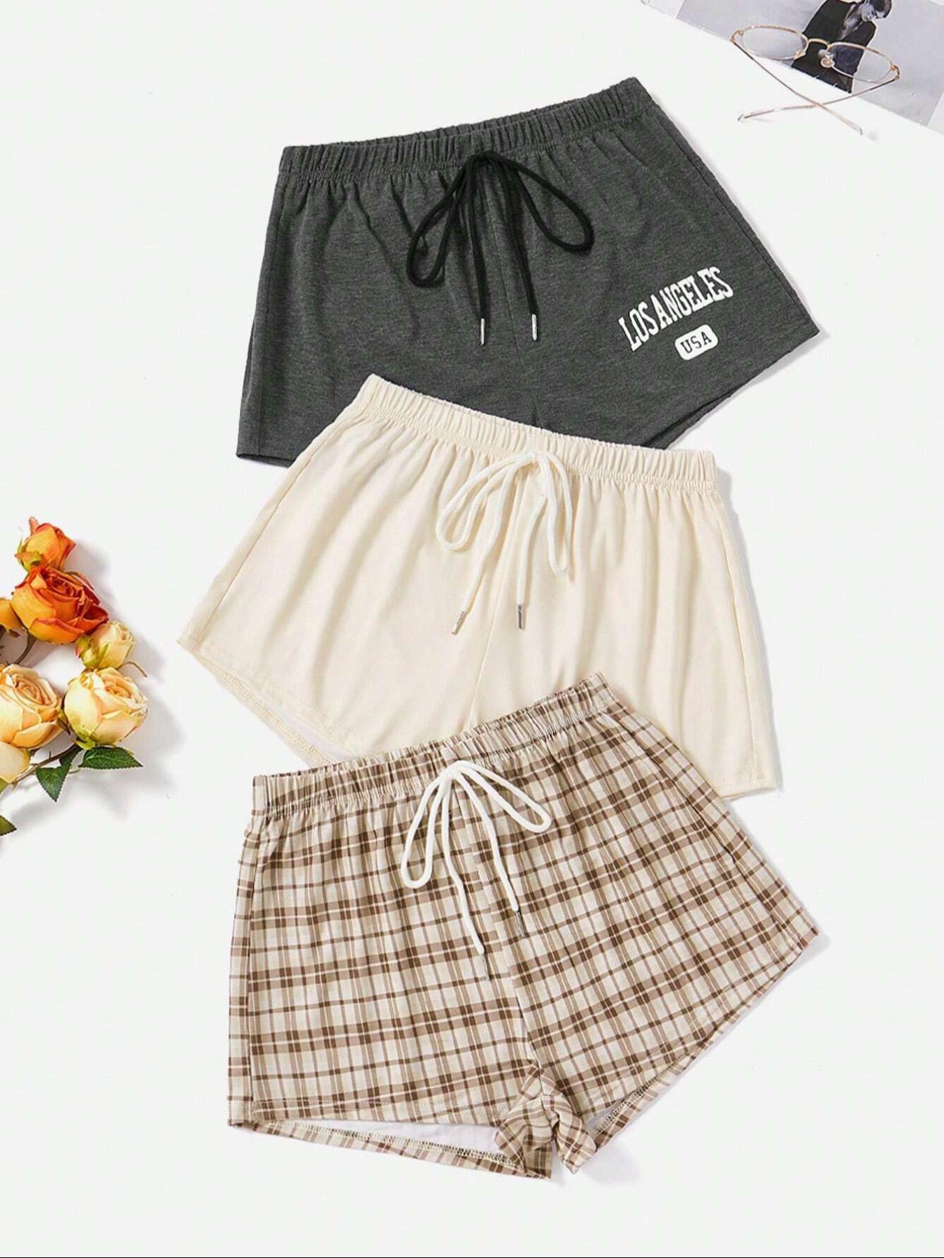 Women's 3pcs Elastic Waist Sleep Shorts, Casual Comfy Pajama Drawstring Waist Sleeping Shorts for Daily Indoor Wear, Women's PJ Bottoms for All Seasons, Summer Outfits 2024