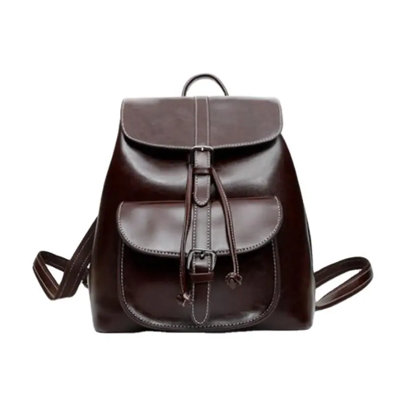 Women's Vintage Real Leather Drawstring Top Backpack, Double Layer Streetwear Bag for Casual Use, Travel, School