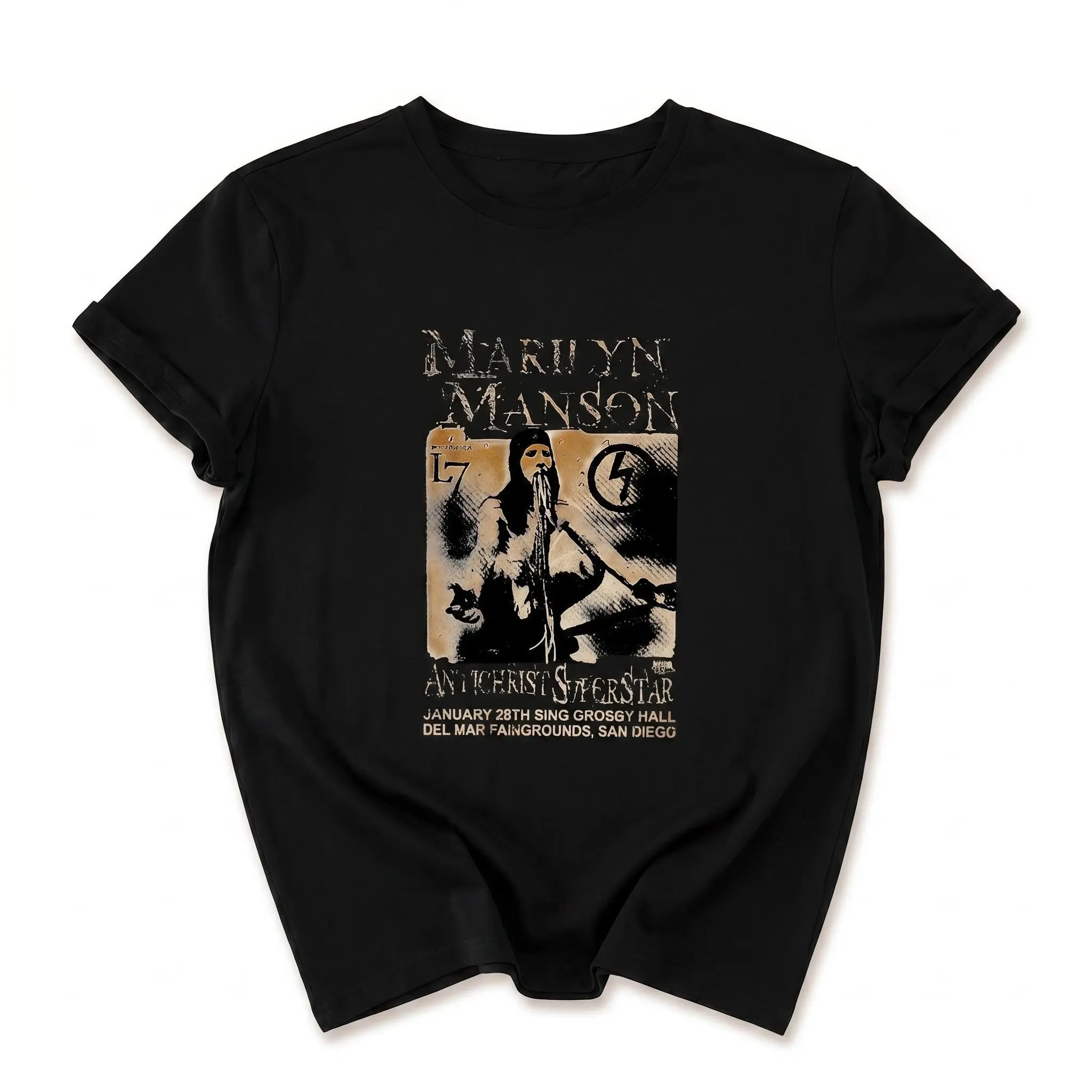 Classic Menswear T-Shirt with a Vintage Antichrist Superstar Graphic, 90s Goth Rock Shortsleeve Tee in 100% Cotton for Men, Distressed, Original, Fabric, Breathable, Print, Retro, Soft, Punk, Aesthetic, Streetwear, Round Neck, Pure Cotton