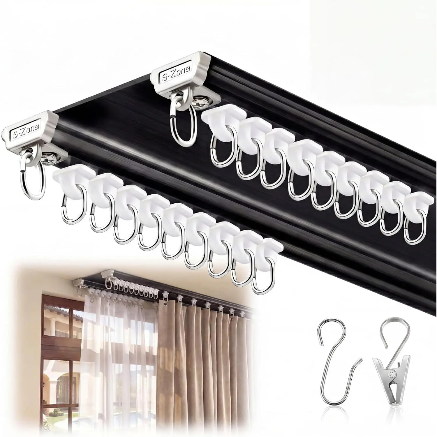 Ceiling Curtain Double Track Set 3ft-6.5ft/2 Meter Black Heavy Duty Adjustable Length Ceiling Track Room Divider Curtain Rails with Clips Hooks End Hook