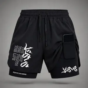 Men’s Jesus Letter Graphic Print 2-in-1 Athletic Shorts, Built-in Compression Liner, Secure Inner Phone Pocket, Elastic Drawstring Waist, Quick-Dry Gym Running Training Shorts for Summer Daily Wear