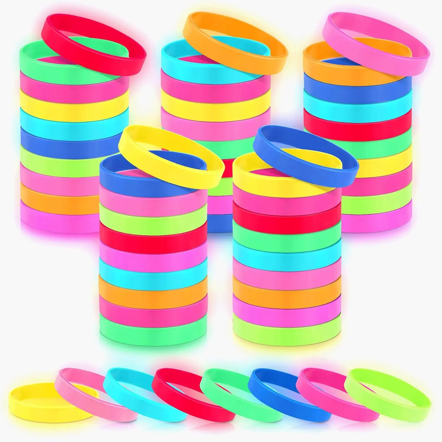 50 count Glow in the Dark Rubber Bracelets Neon  Bracelets Bulk Luminous Colored Rubber Wrist bands for Glow Party Favors Adult