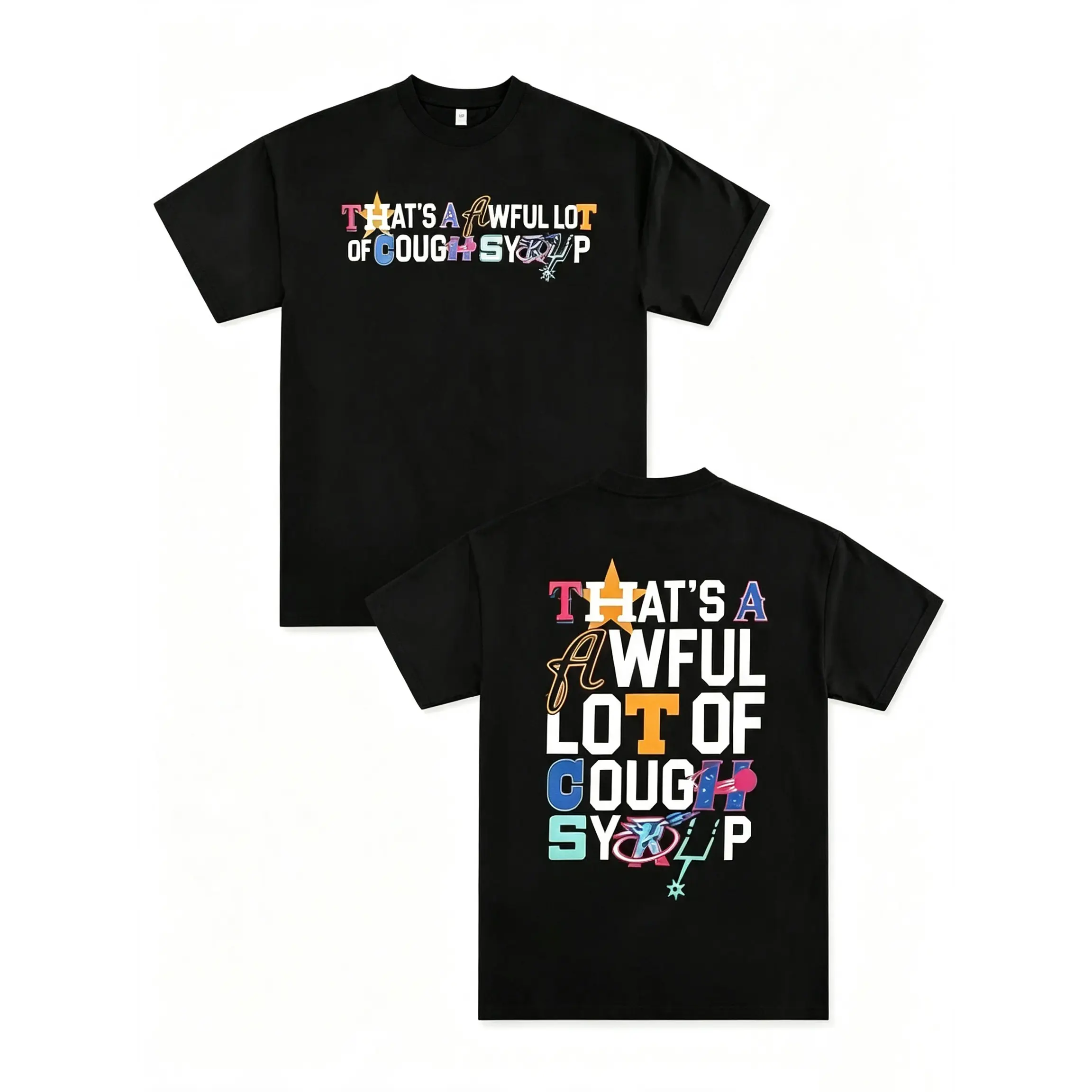 Bold Letter Mosaic Graphic Tee – Oversized Black T-Shirt with 'That’s a Awful Lot of Cough Syrup’ Patchwork Typography and Playful Icon Motifs, Unisex Streetwear Statement Tee for Fashion naruto anime oversize streetwear tee classic menswear dad joke,tees