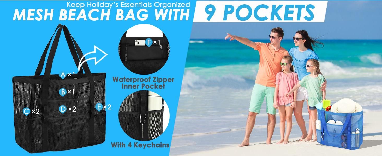 Mesh Beach Bag, Large Beach Tote with Zipper Pocket, Toys Pool Bag for Family Travel Vacation Cruise Essentials