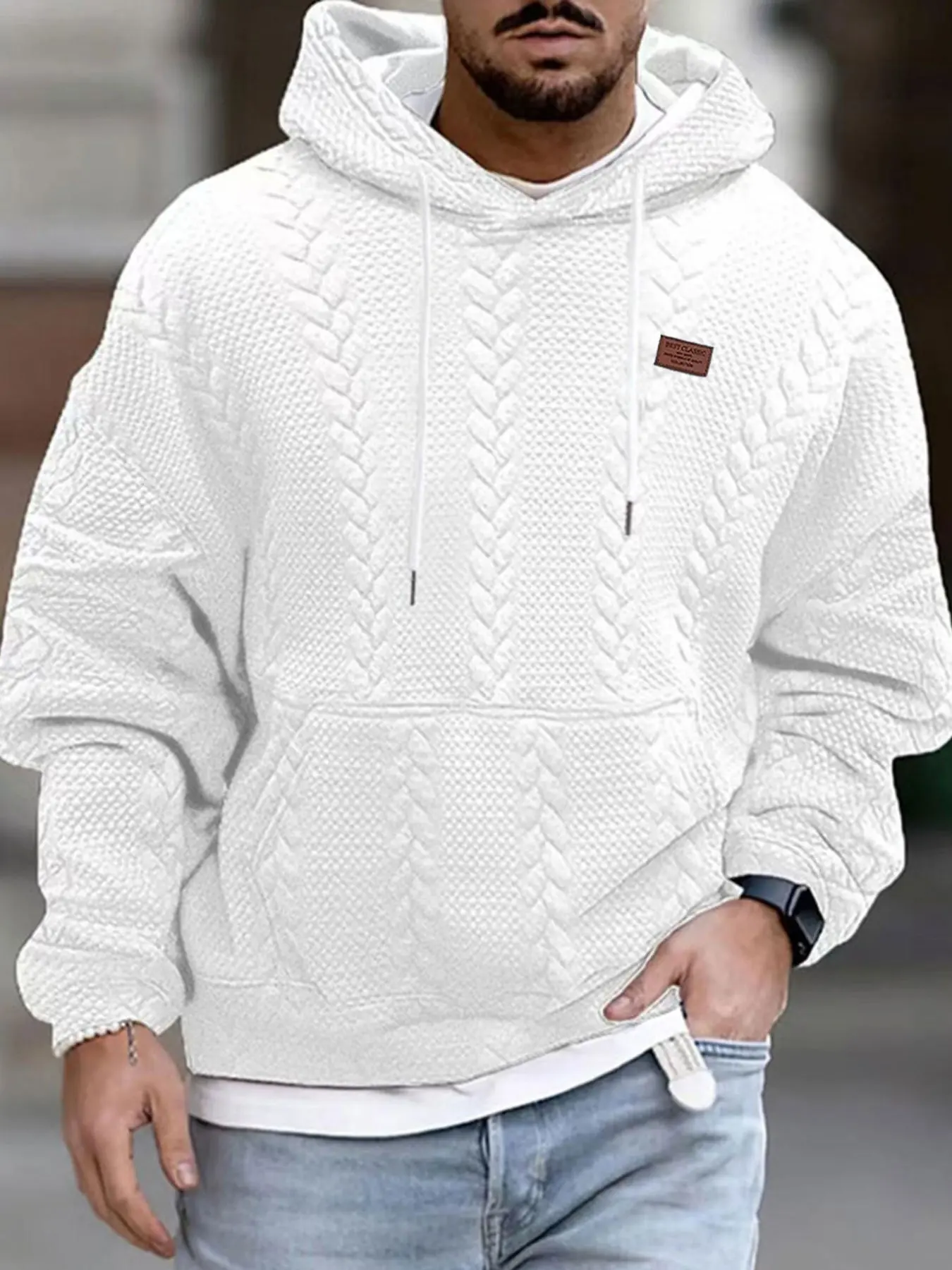 Men's Long Sleeve Hooded Sweatshirt, Textured Jacquard Fabric, Casual Fit, Fall & Winter Fashion, Comfortable Daily Wear