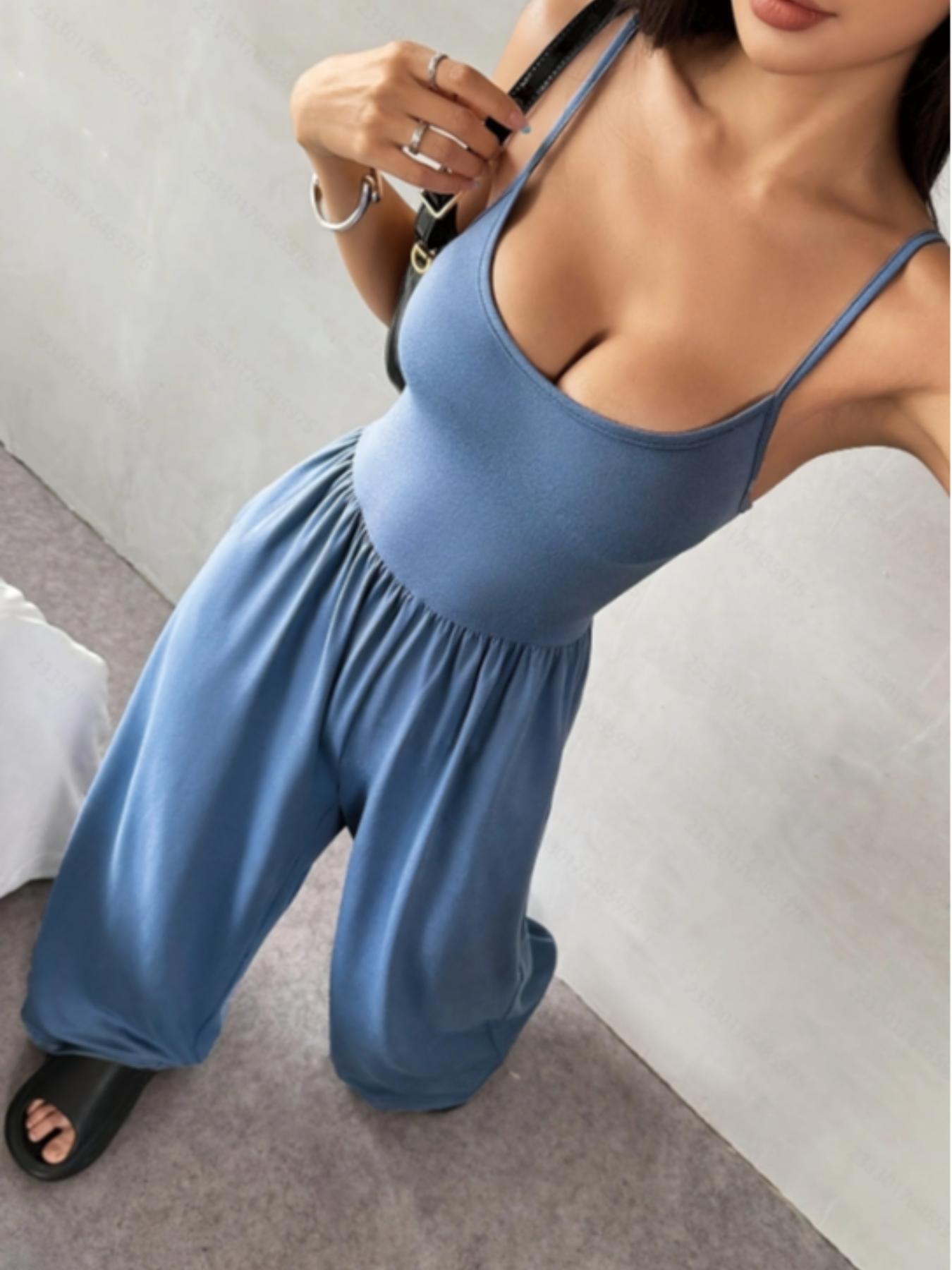 Women's Solid Wide Leg Jumpsuit, Casual Comfy Backless Cami Jumpsuit for Daily Wear, Ladies Clothes for All Seasons