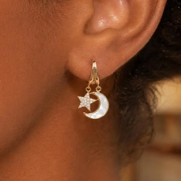 14K Gold Plated Copper Star and Moon Ear Cuff for Women, Pearlized Mother of Pearl Crescent & Zircon Pavé Star Drop Dangle Earrings, Hypoallergenic Snap-Closure Stud with Interchangeable Charms