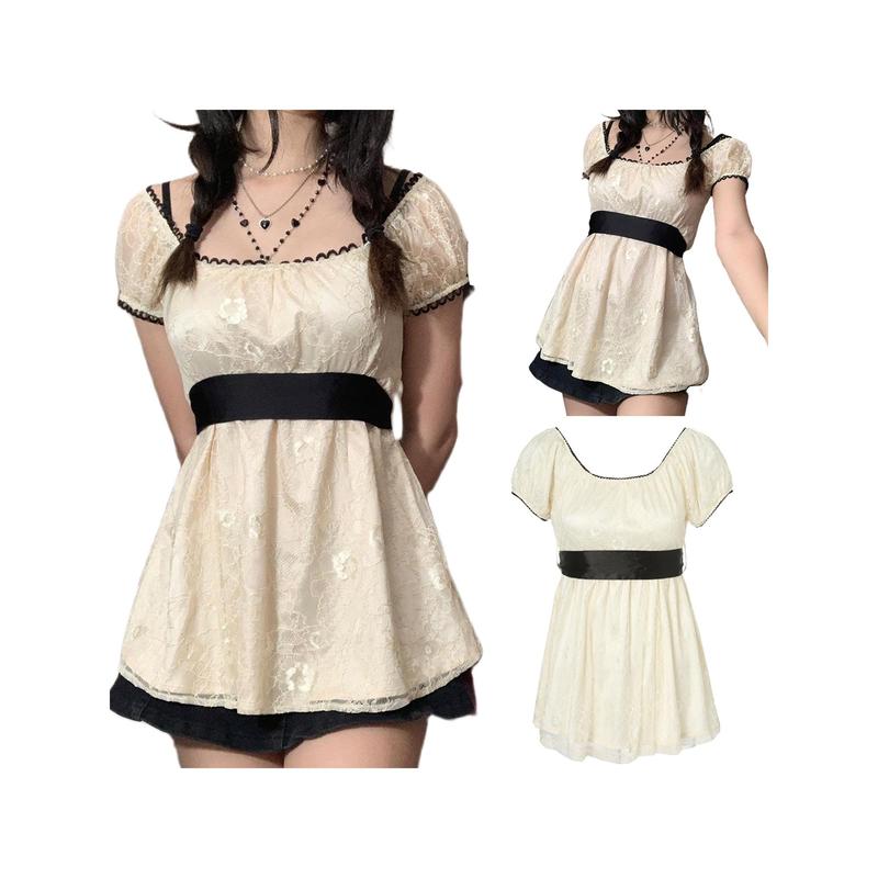Women Long Tops, Patchwork Short Sleeve A-line Shirt Vintage Girl Lace Holiday Streetwear Women Long Tops, Patchwork Short Sleeve A-line Shirt Vintage Girl Lace Holiday Streetwear