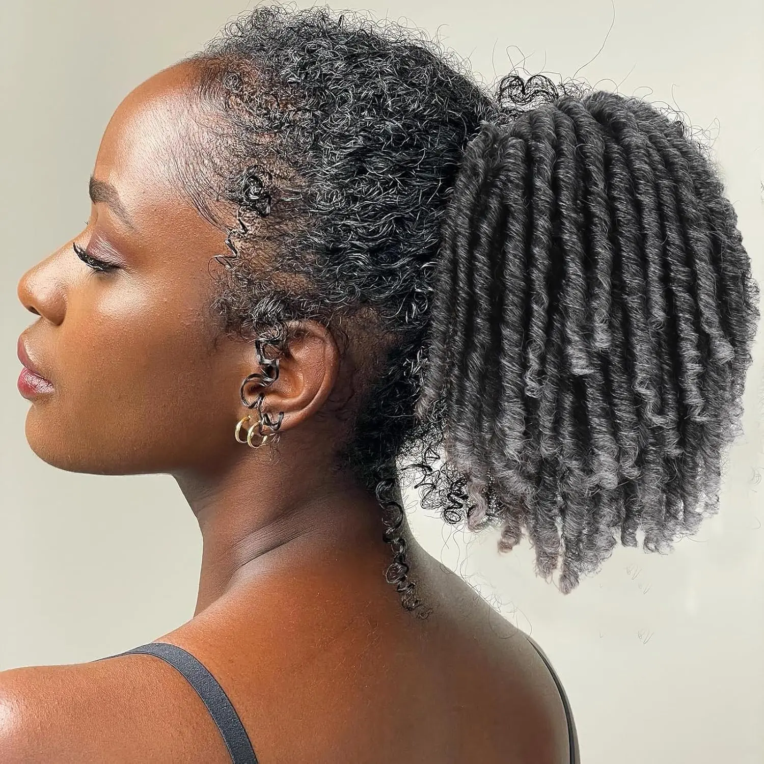 2026Matthia Grey Dreadlock Drawstring Ponytail for Black Women,6inch Short Curly Faux Loc Ponytail Hair Piece Clip on Coil Dreadlock Ponytails for Women Salt and Pepper Goddess Faux Loc