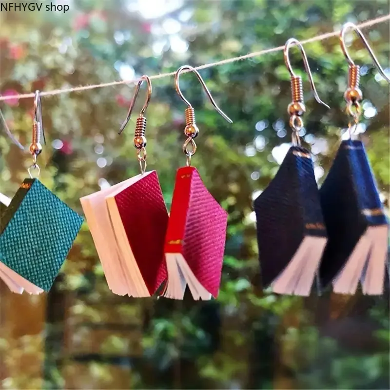 Tiny Handmade Mini Book Charm Drop Earrings, Multicolor Literary Bookworm Hook Earrings, Book Lovers Statement Jewelry For Daily Wear And Book Club Gathering