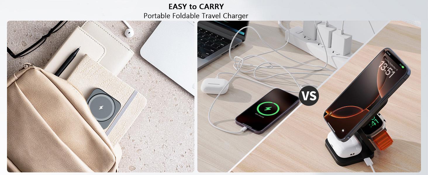 KUXIU X55 Foldable 3 in 1 Charging Station for Apple Devices, 15W Fast Magnetic Wireless Charger, Magent Travel Charger Stand for iPhone 16 15 14 13 12 Series, 5W for Apple Watch (Power Adapter not included)