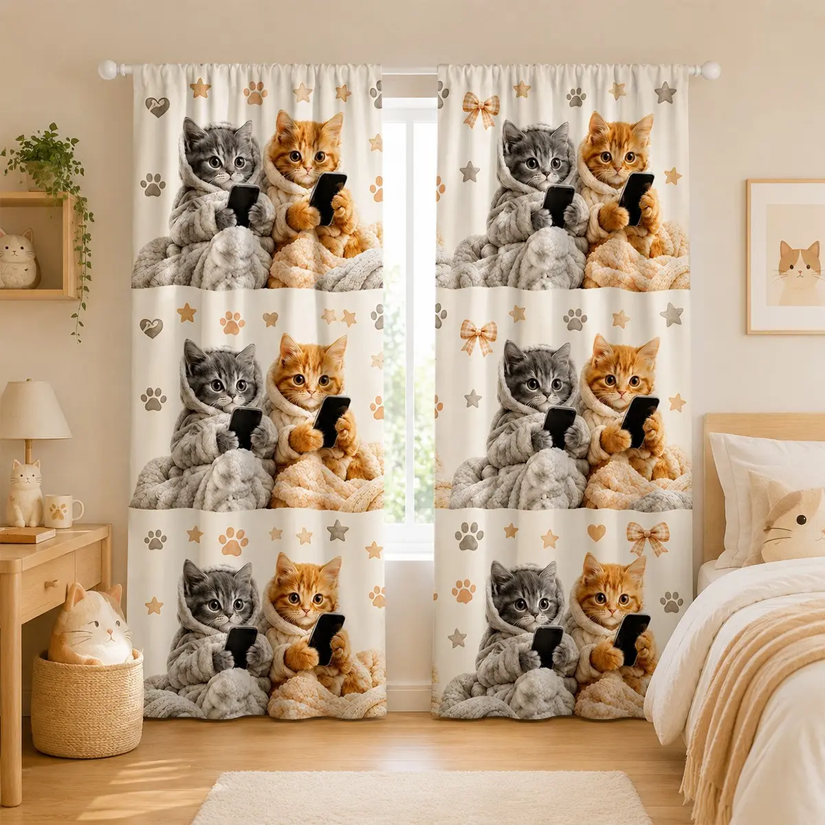 2 healing orange grey cute cat printed curtains, cartoon cat pole pocket curtains, girlish style curtains, birthday party decorations, fun bedroom curtains, game room curtains, home textiles